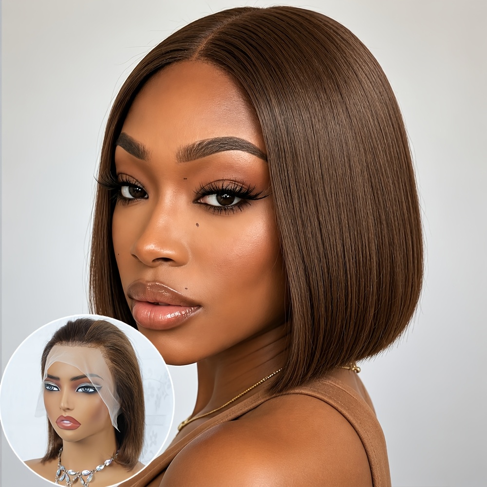 Image of 13x4 Lace Front Wig 8 Inch 4# Brown Straight Bob Real Human Hair Wig For Women Daily Party Casual Occasions
