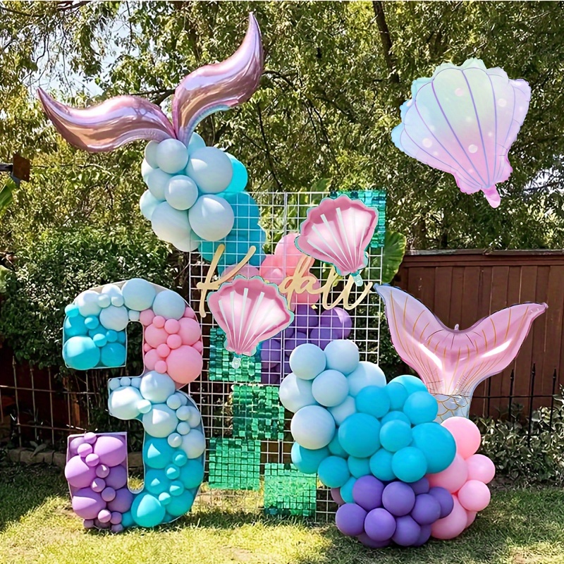 14pcs, Mermaid Birthday Party Decorations Mermaid Tail Balloons Sea Shell  Balloons Bright Color Garland Arch Kit Marine Foil Balloons Suitable For Bir