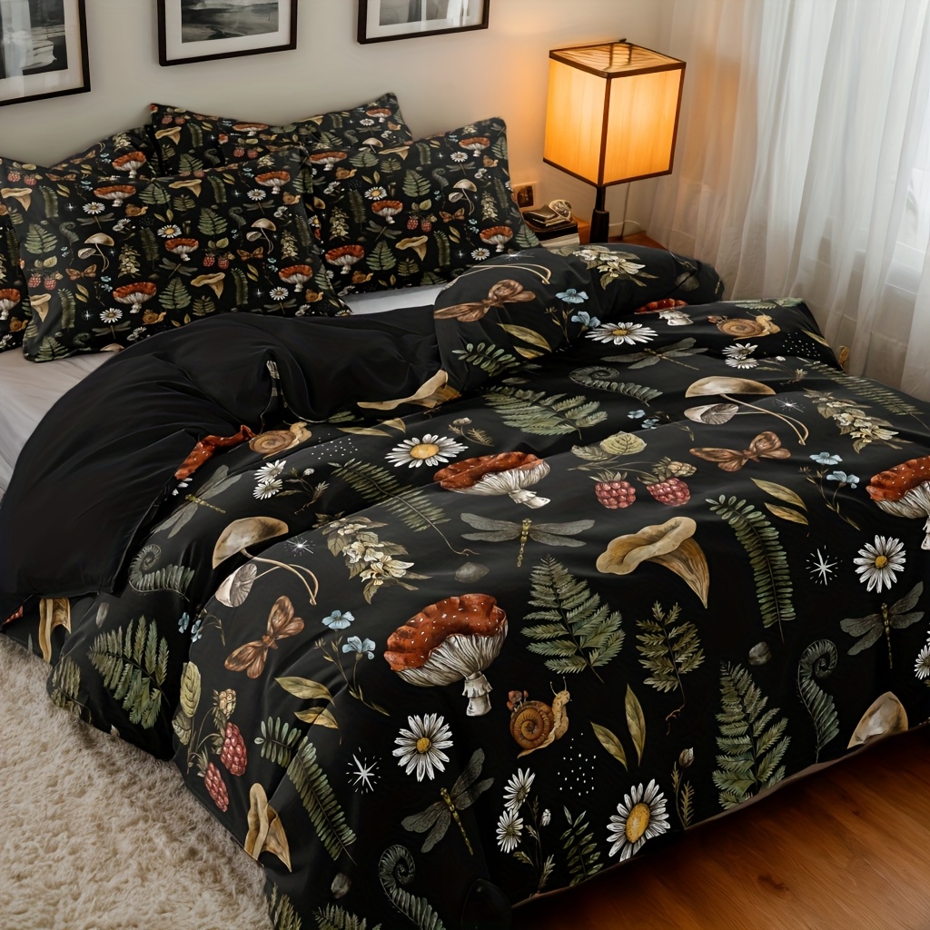 3pcs Polyester Mushroom Print Bedding And Quilt Cover Set, Suitable For Bedrooms And Guest Rooms. Soft And Comfortable Quilt Cover, Gift For (1 X Quilt Cover And 2 X Pillowcases, Core Not Included)