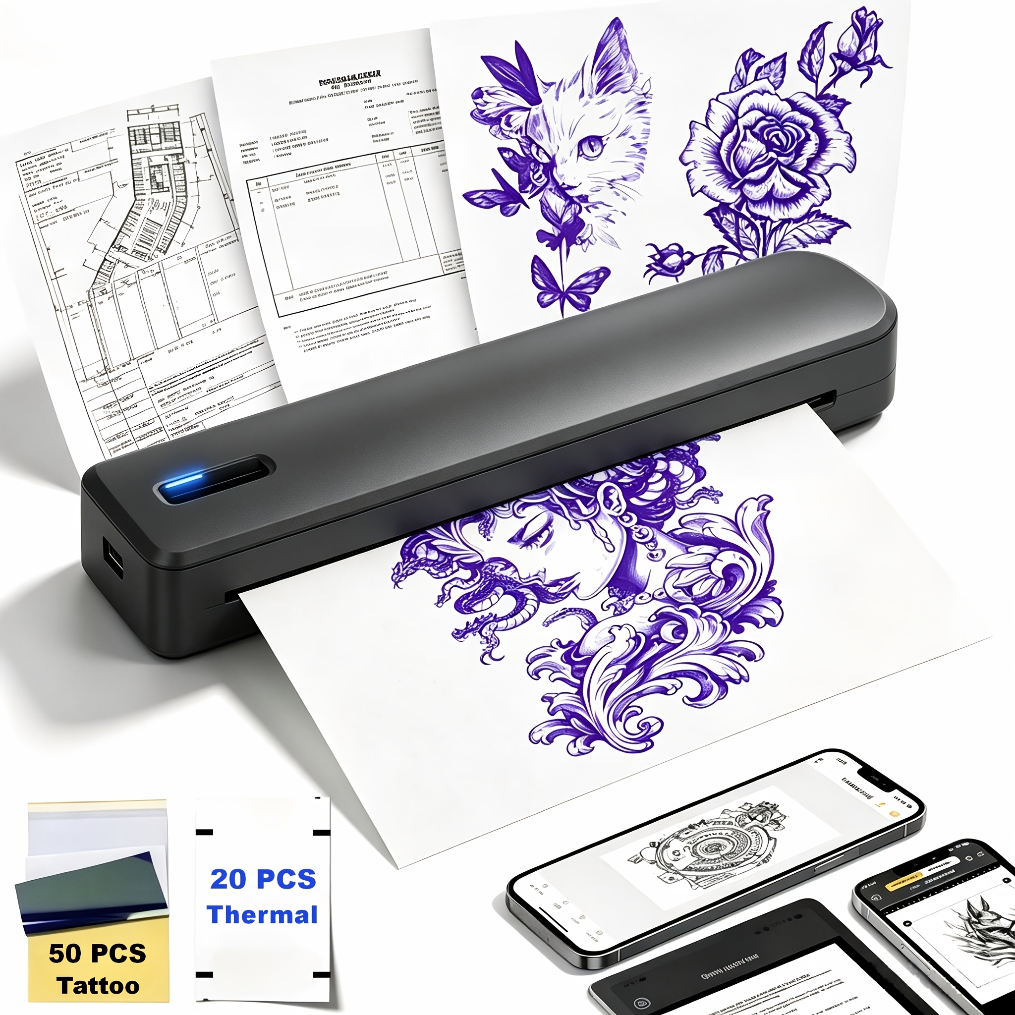 Image of Thermal Stencil Printer With 10sheet Paper, For Beginners & Professional, Tattoo Printer With Paper, Stencil Printers For Tattooing, Tattoo Machine Compatible With Phone, Tablet & Pc, Black