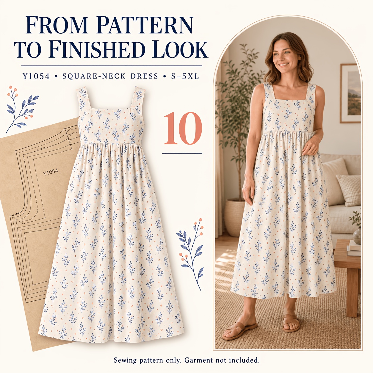 TEMU Women' Neck Wide Shoulder Strap High-waist Floral Skirt, Sewing Template Paper Pattern, In Size 8, Hand Sewn, Suitable For Beginners, Handmade