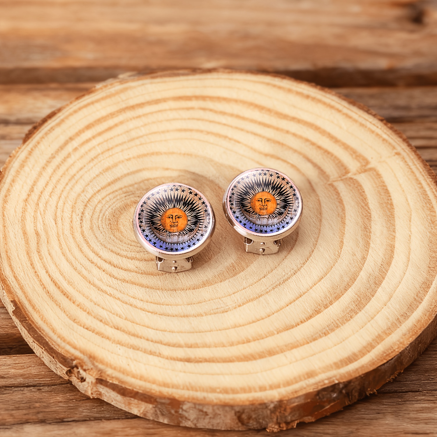 2pcs No-Piercing Round Glass Earrings Set with Radiant Sun Face