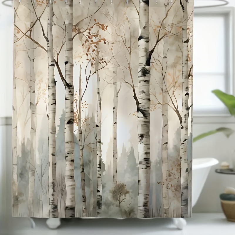 TEMU 1pc Nordic Style Shower Curtain, Forest Pattern, Shapes And Easy Branches And Leaves, Polyester Material, Includes Hooks, Ideal For Family And