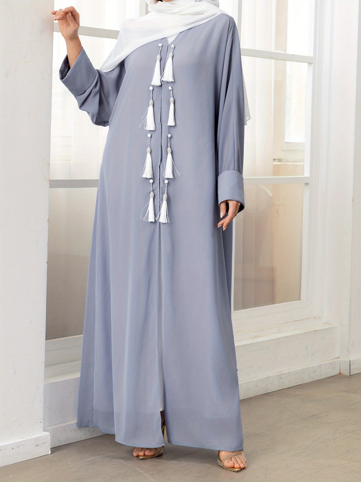 lightweight womens caftan gown solid color long sleeve arab robe with tassels 100 polyester loose fit for spring summer machine washable traditional turkish style abaya modest casual wear tassel detailing lightweight polyester