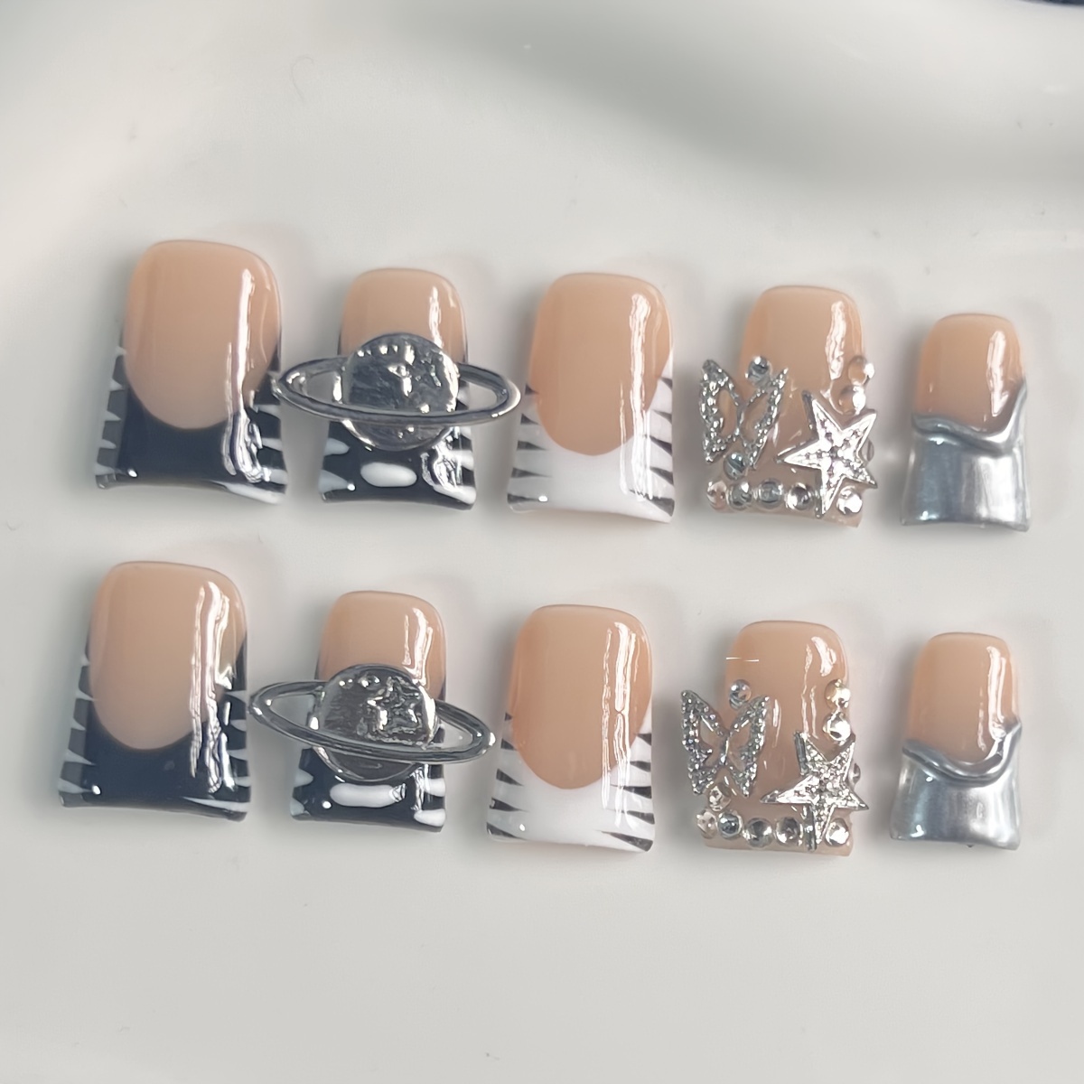 

10pcs Set Long Press On Nails, & Stripes, Accents & , For Women And - And - Includes Application Kit