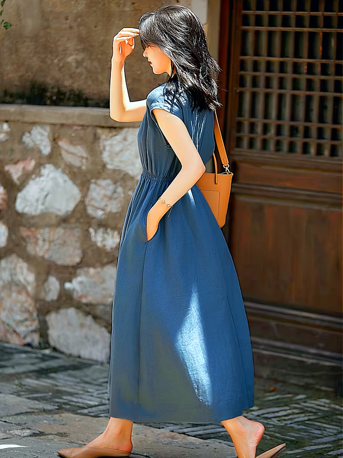 fitted lace wedding dress Casual High Waist Loose Women Linen Dress – Old Linen Mill main image 1