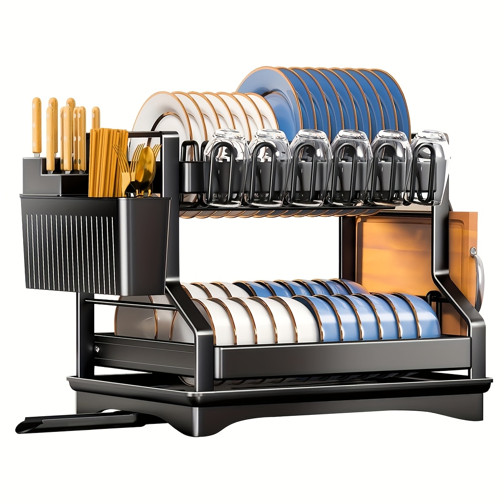 Image of 2-tier Heavy-duty Steel-like Dish Drying Rack With Adjustable , Rotatable Dish Drainer, Utensil & Cup Holders, Space- Kitchen Counter Organizer - Compact Dish Drainer For Plates, Pots, Pans ( Frame)