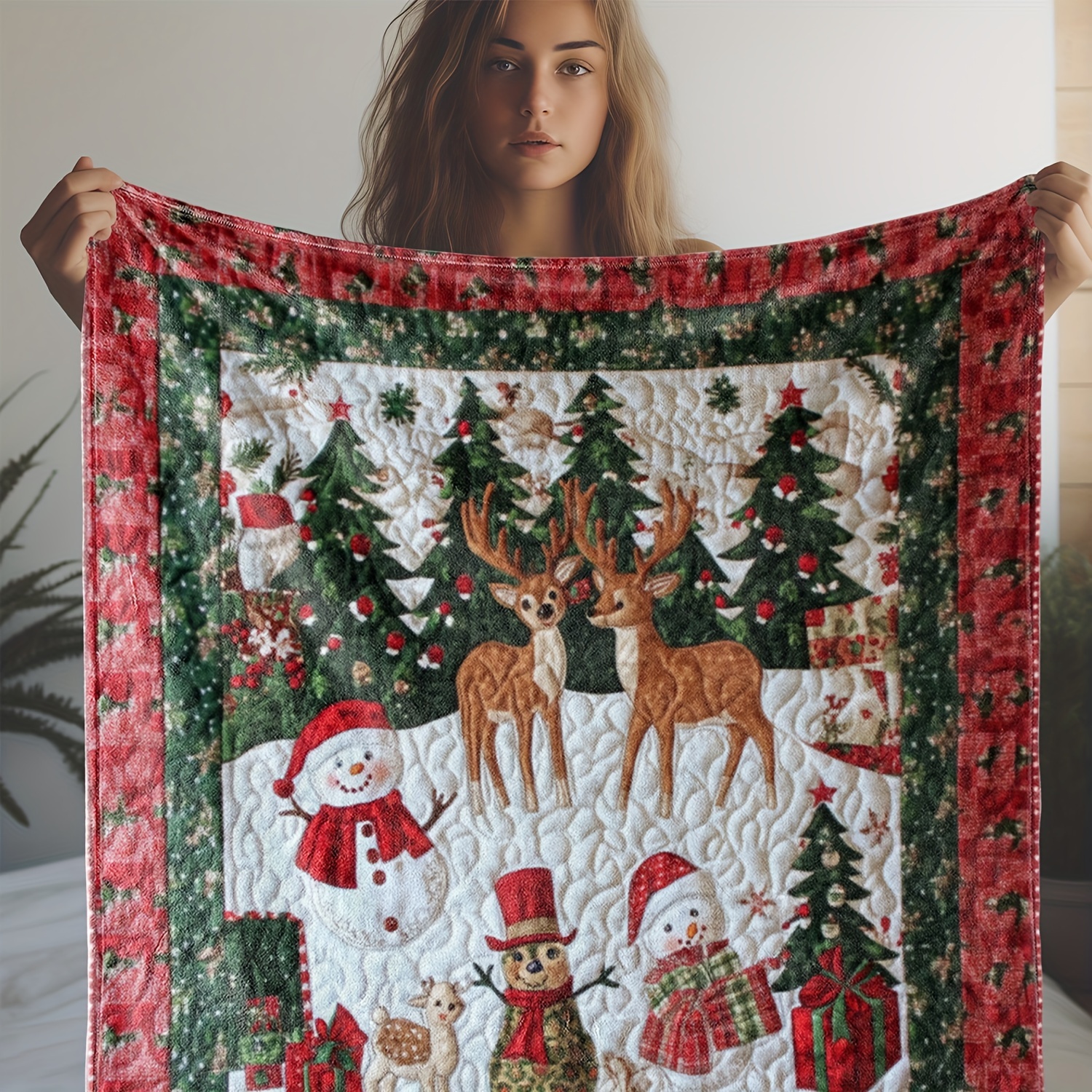 

Christmas Snowman And Deer Print Flannel Blanket, Soft Warm Comfortable Throw For Sofa, Bed, Car, Office, Camping, Travel - Gift Blanket, , Christmas Blanket