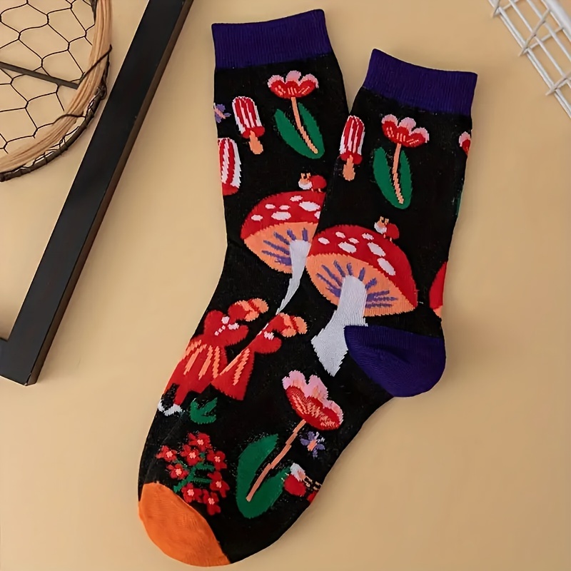 Image of Floral & Mushroom Print Socks, Novelty & Stylish Mid Tube Socks For Fall & Winter, Women's Stockings & Hosiery