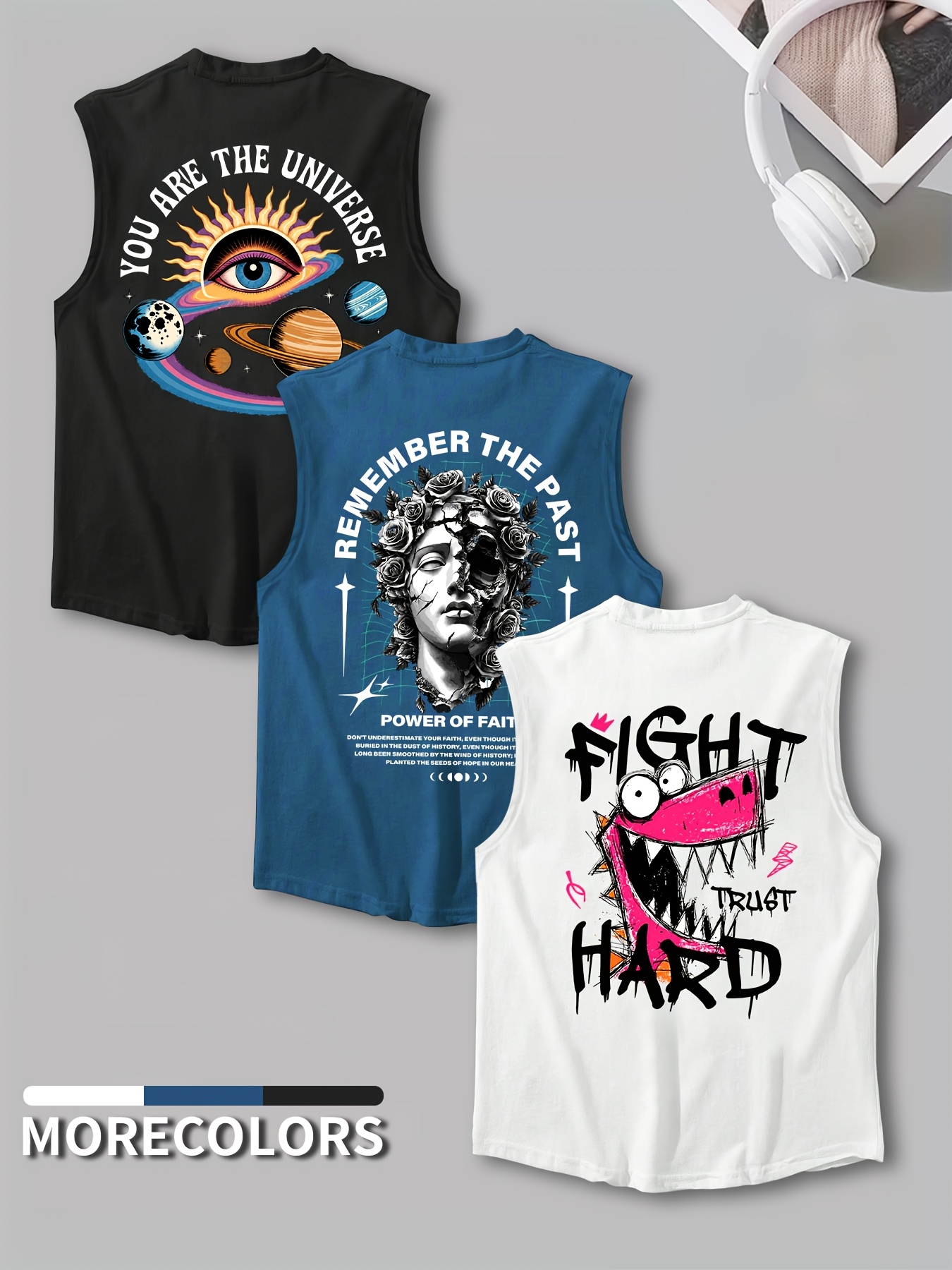 3pcs set of mens casual sleeveless sports tank tops with stylish and cool prints suitable for daily wear and shopping