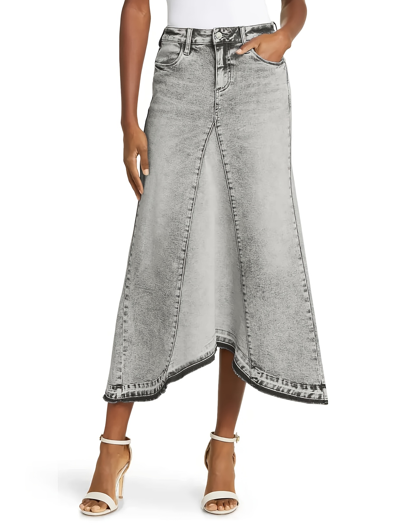 Women'S Denim Maxi Skirt Vintage Casual Denim High Waist A-Line Frayed  Irregular Hem Long Jean Skirt With Pockets