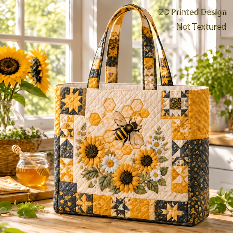 TEMU 2d Printed Large Tote Bag, Bee And Sunflower Botanical Print, Suitable For Travel, Beach, Shopping, Reusable, Warm Botanical Style, Hand