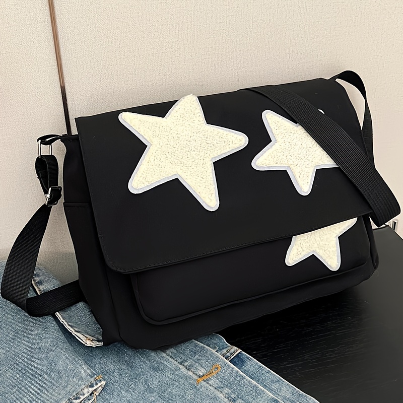 

Casual Nylon Crossbody Messenger Bag With Star Embellishments, Tassel Detail, Lightweight Adjustable Strap, Zipper Closure, Quilted Polyester Lining - Unisex Shoulder Bag