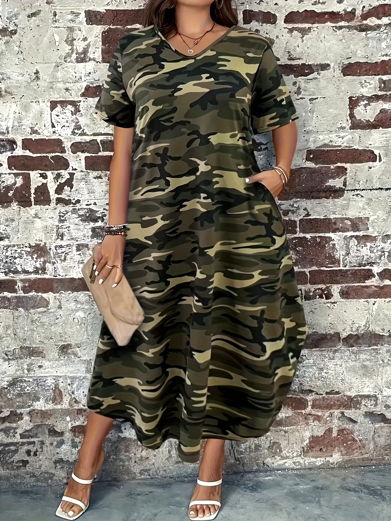 womens plus size camouflage midi dress pockets casual v neck