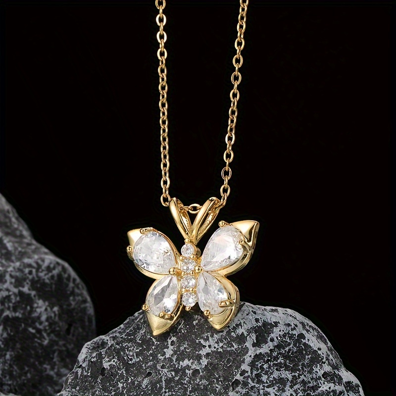 

Stainless Steel Exquisite Fashionable And Light Luxury Style Shiny Transparent Zirconia Decoration, Elegant Small Butterfly Pendant Necklace Versatile For Daily Use A Perfect Gift For Women