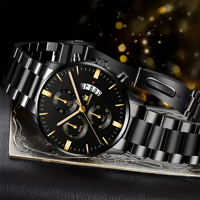 3pcs sporty steel band watch exquisite wallet and fashion glasses mens watch set a surprise gift for his christmas and valentines day birthday birthday present holiday surprise stylish accessory modern wristwatch durable steel band detailing watch mens wristwatch fashionconscious men stylish valentines day watch jewelry for men Product details 5