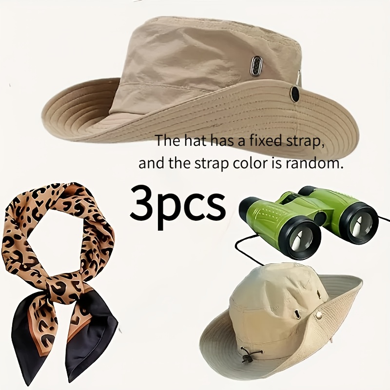 TEMU 3pcs Women's Wild Outfit Sun Hat Leopard Scarf Binoculars Wild Dressing Additions Halloween Role-playing, Holiday Costume, Themed Party Outfit,