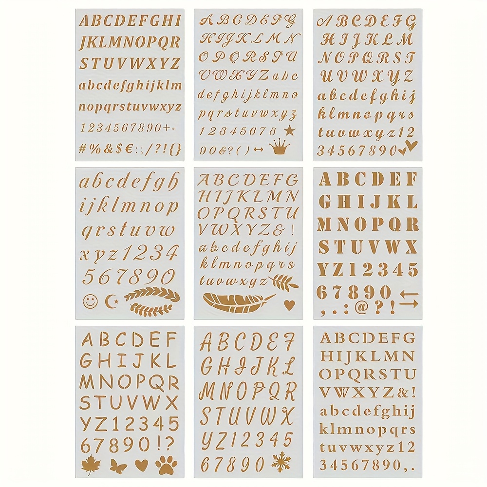 Image of 9pcs Set Of Letter And Number Templates, 5x7 Inch Reusable Plastic Calligraphy Letter Templates, Suitable For Notebooks, Diaries, Scrapbooks, Diy Glass Door Holiday Decoration Painting Templates
