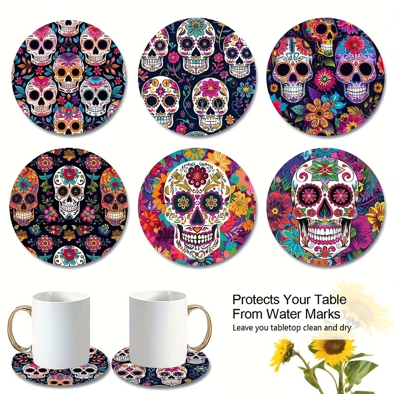 

6-pack Dia De Los Muertos Coasters, Wooden Coffee Cup Heat Pads For Kitchen, Party, Table Mats, No Filler, Ideal For Christmas, Halloween, Thanksgiving, Valentine's Day, Eid Celebrations