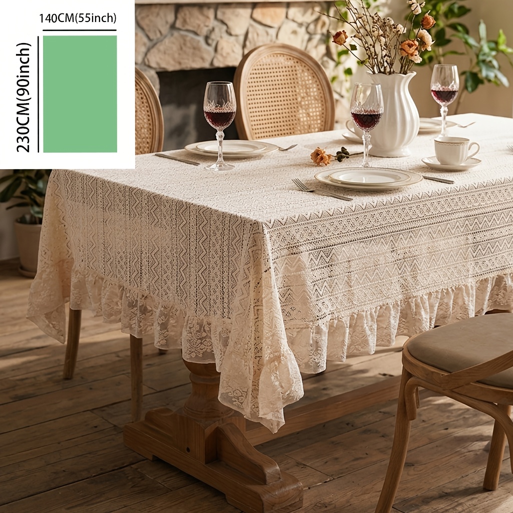 TEMU 1pc Bohemian Retro Ruffle Lace Trim Tablecloth With Wave Pattern