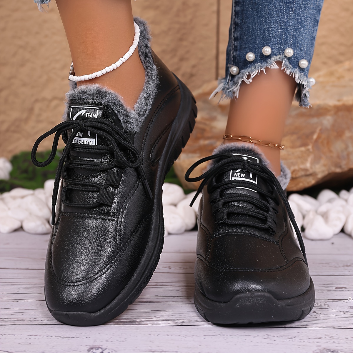 women's winter warm fleece lined sneakers solid color casual