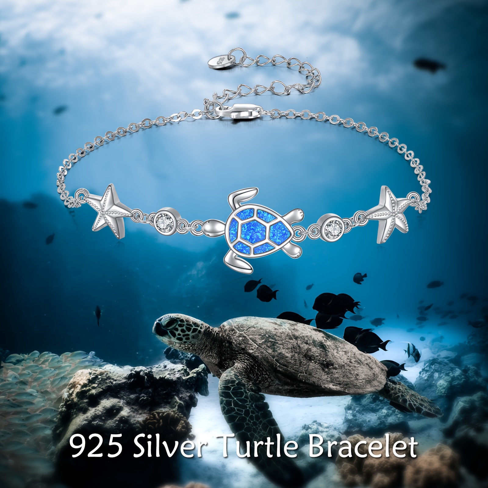 925 Sterling Silver Opal Sea Turtle Link Chain Starfish Bracelet