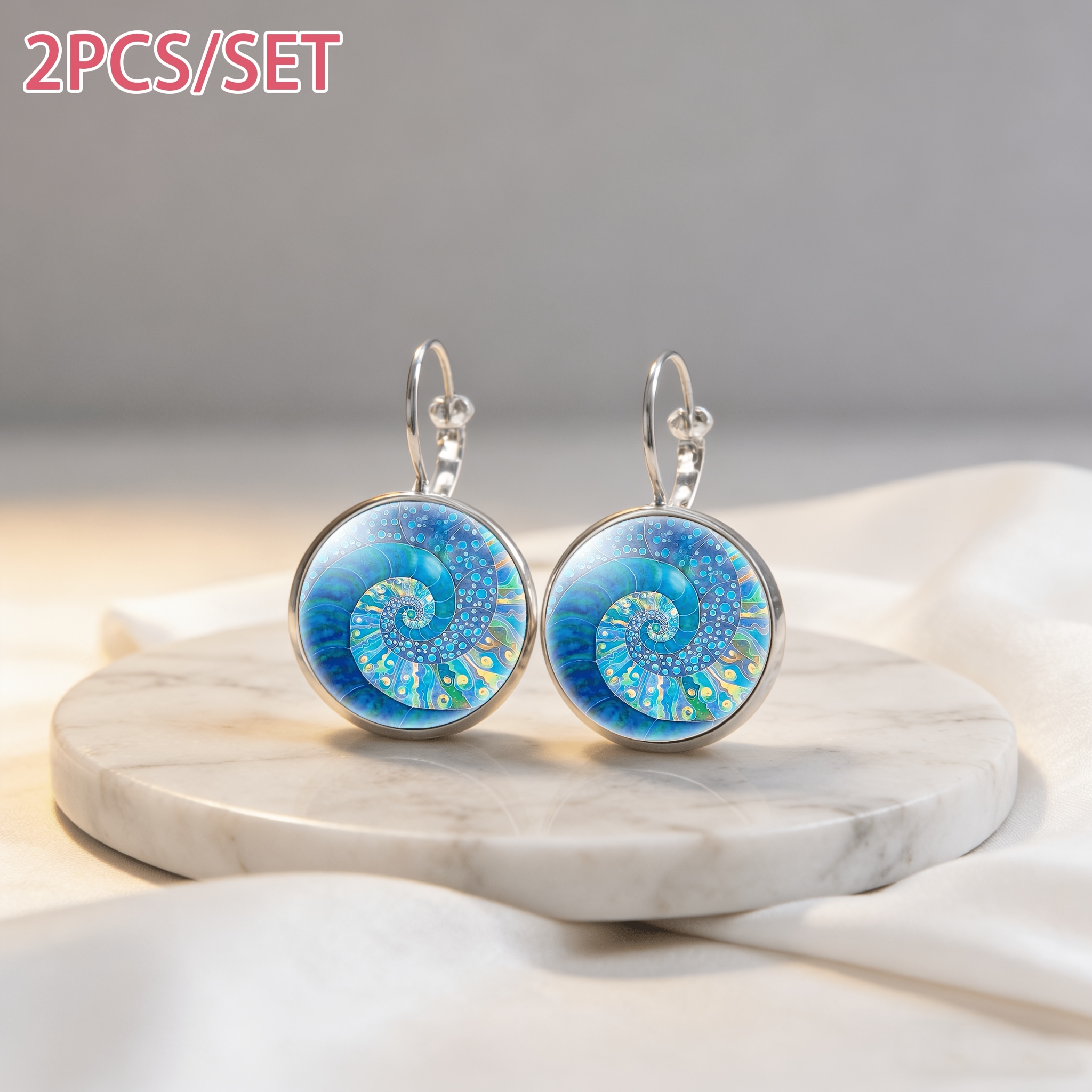 2pc White French-style Ear Hook Earrings Set, Blue Spiral Design