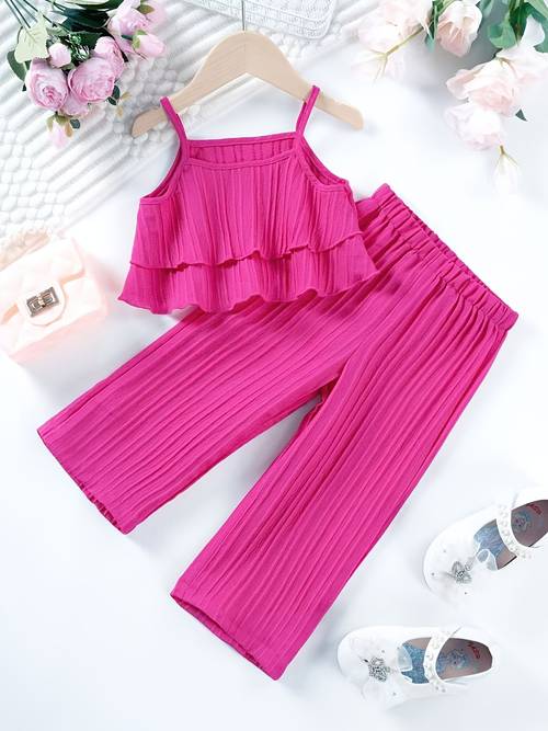 little girls summer plain vest 2pcs set with straight trousers fashionable and elegant childrens clothing outdoor