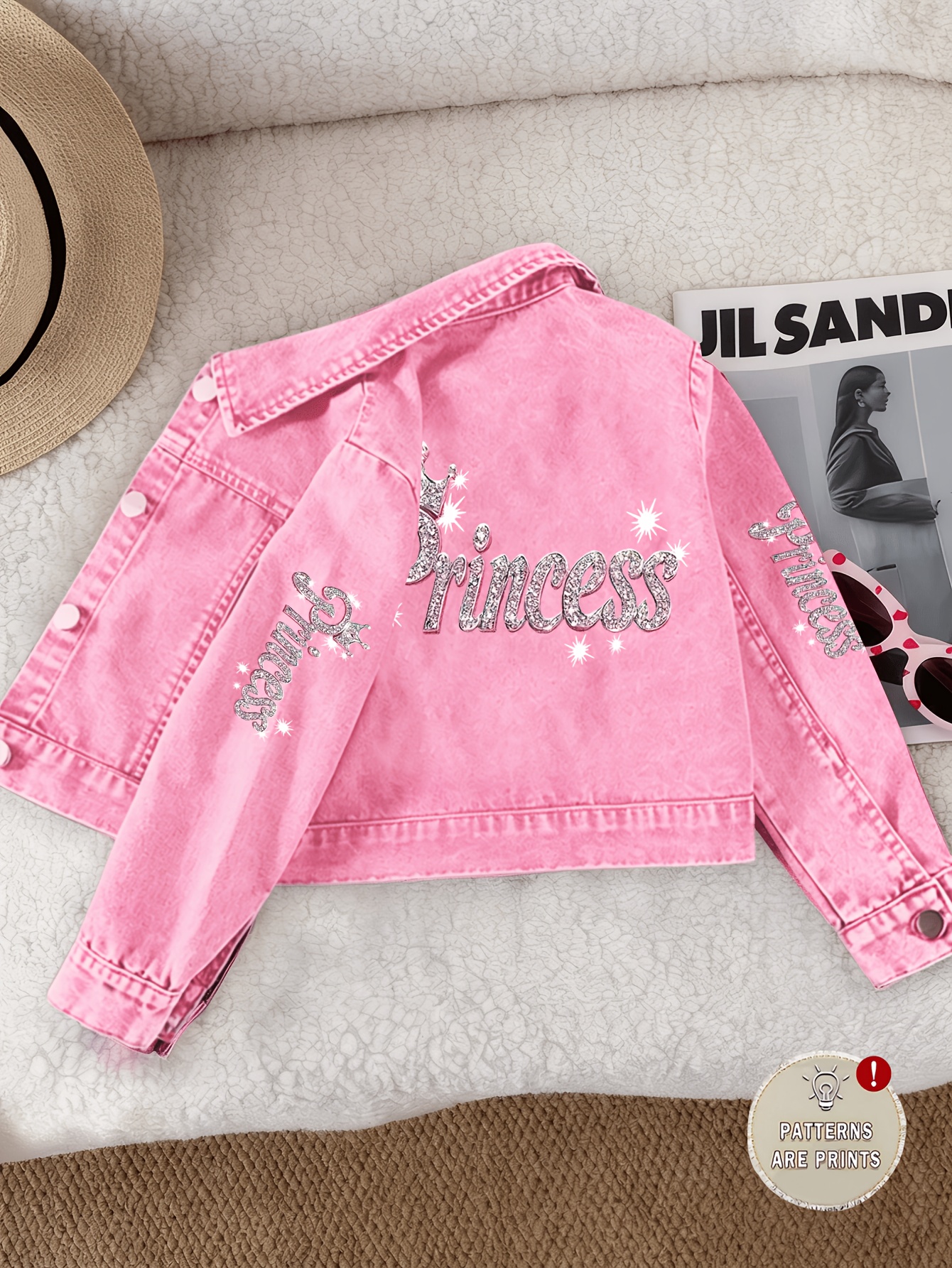 girls   glitter print denim jacket   letter same print     stylish for school outing party