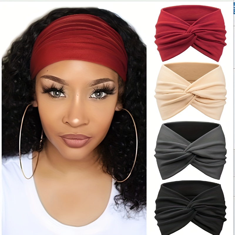 

4pcs Set Women's Chic Spandex Headbands, Twisted , Solid Headband With Bow, Non-feathered, For Yoga, Running & Workouts