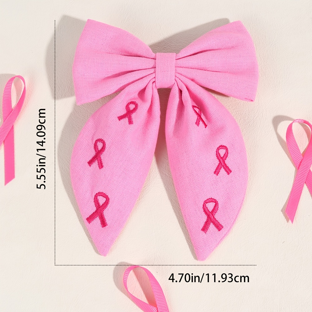 TEMU 1pc Breast Care Awareness Hair Bow Clip For Lady Gifts Bow Hair Clip With Long Tassels Embroidery Bow Hair Barrettes Hair Accessories For Daily