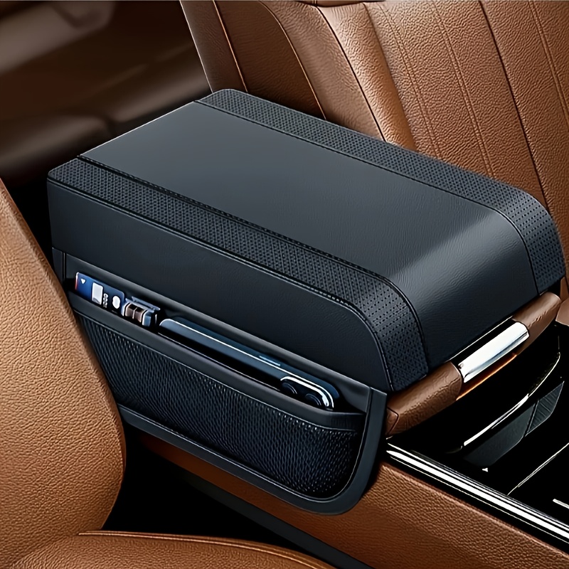 1pc Black Car Armrest Box Riser With Storage Pouch, Pu Leather, Use, Thanksgiving Gift