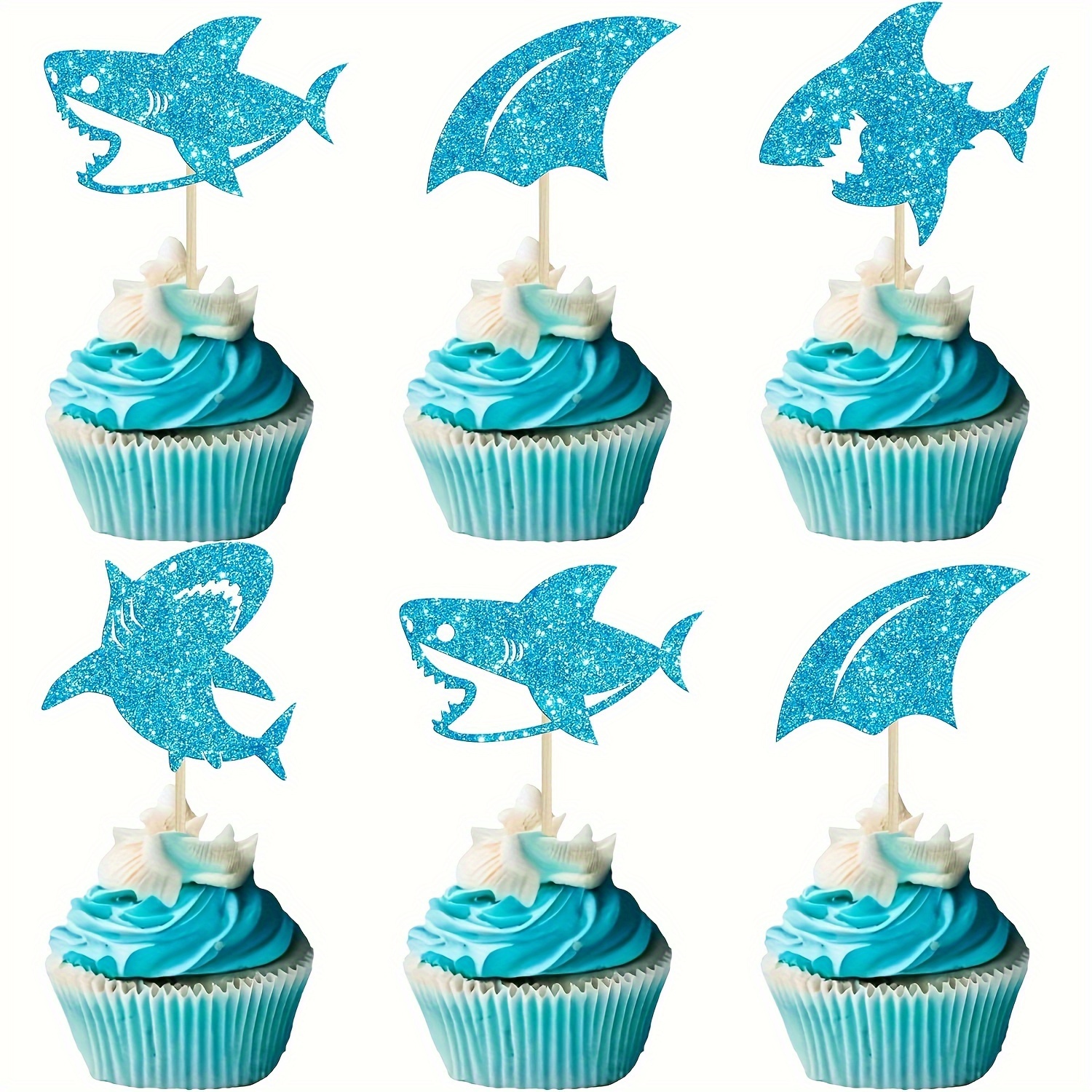 Set Of 12 Shark-themed Cupcake Decorations Featuring Blue Glittery , Perfect For Ocean Animal-themed Baby Showers Or Birthday Parties