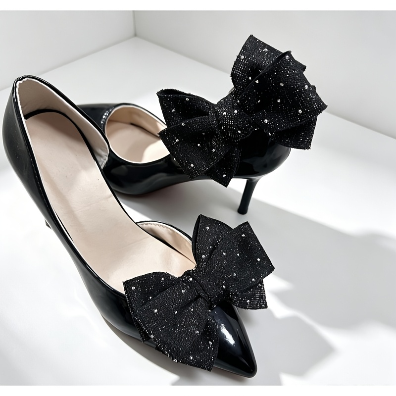 TEMU 2pcs Sparkly Rhinestone Bow Shoe Clips, Detachable Black Fabric Shoe Ornaments For High Heels, Diy Shoe Accessories For Wedding Party