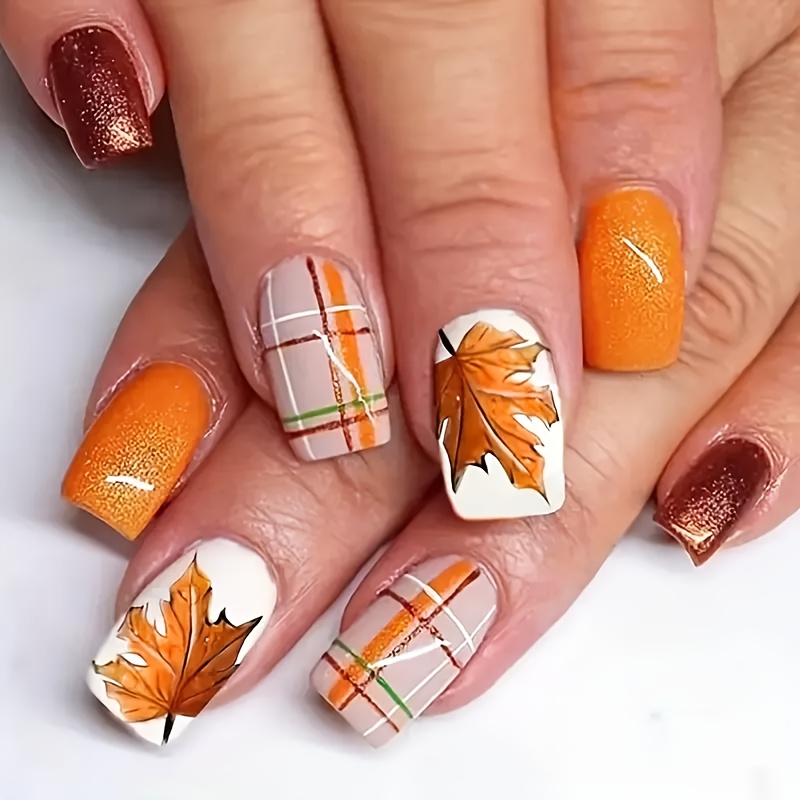 TEMU Style 24pcs Short Square Nail Tips With Maple Leaf Pattern, Cute Design Glossy False Nails Extension Removable Set With Jelly Glue And 1 Nail