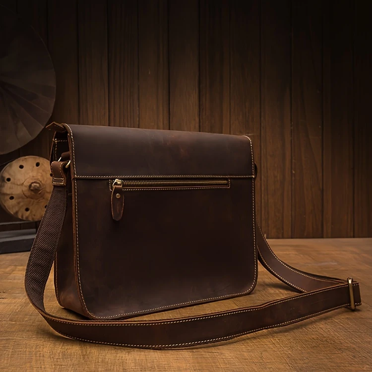 mens vintage style genuine leather messenger bag with adjustable strap casual handcrafted crossbody satchel with multiple pockets scratch repairable daily accessory details 5