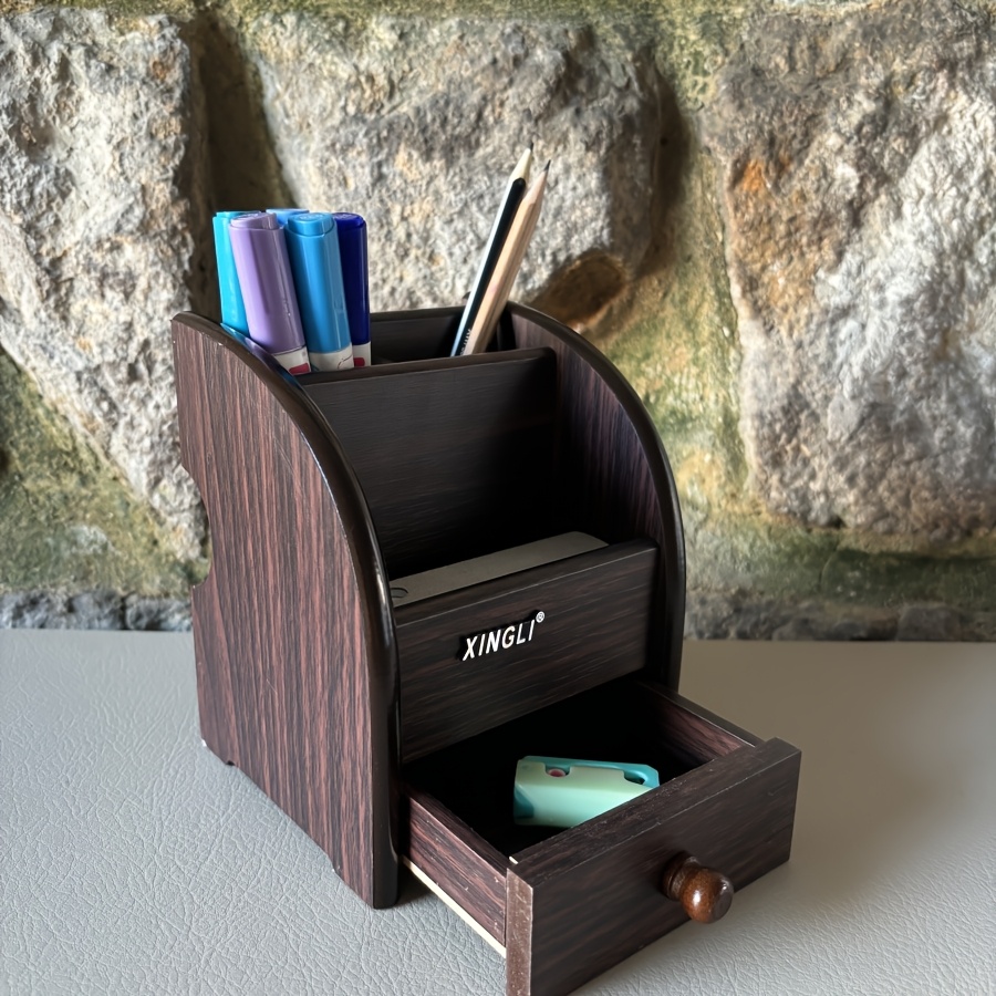 

Creative Wooden Retro Multi-functional Pen Holder With Drawers Storage, Suitable For Office And Home Bedrooms, Gifts