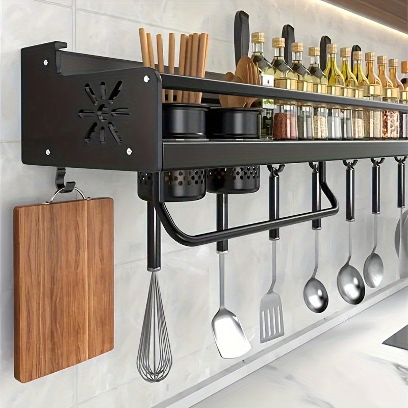 

Modern Wall-mounted Metal Kitchen Organizer - Elegant Spice & Utensil Rack With Knife Holder And Hooks, Space-saving Multi-purpose Storage For Home Decor