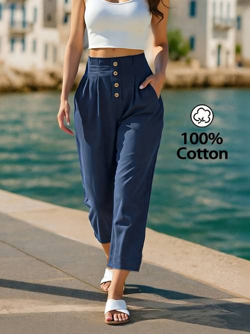 womens pure high waisted tapered straight pants loose fitting and flattering casual trousers featuring a single row of buttons and versatile fabric