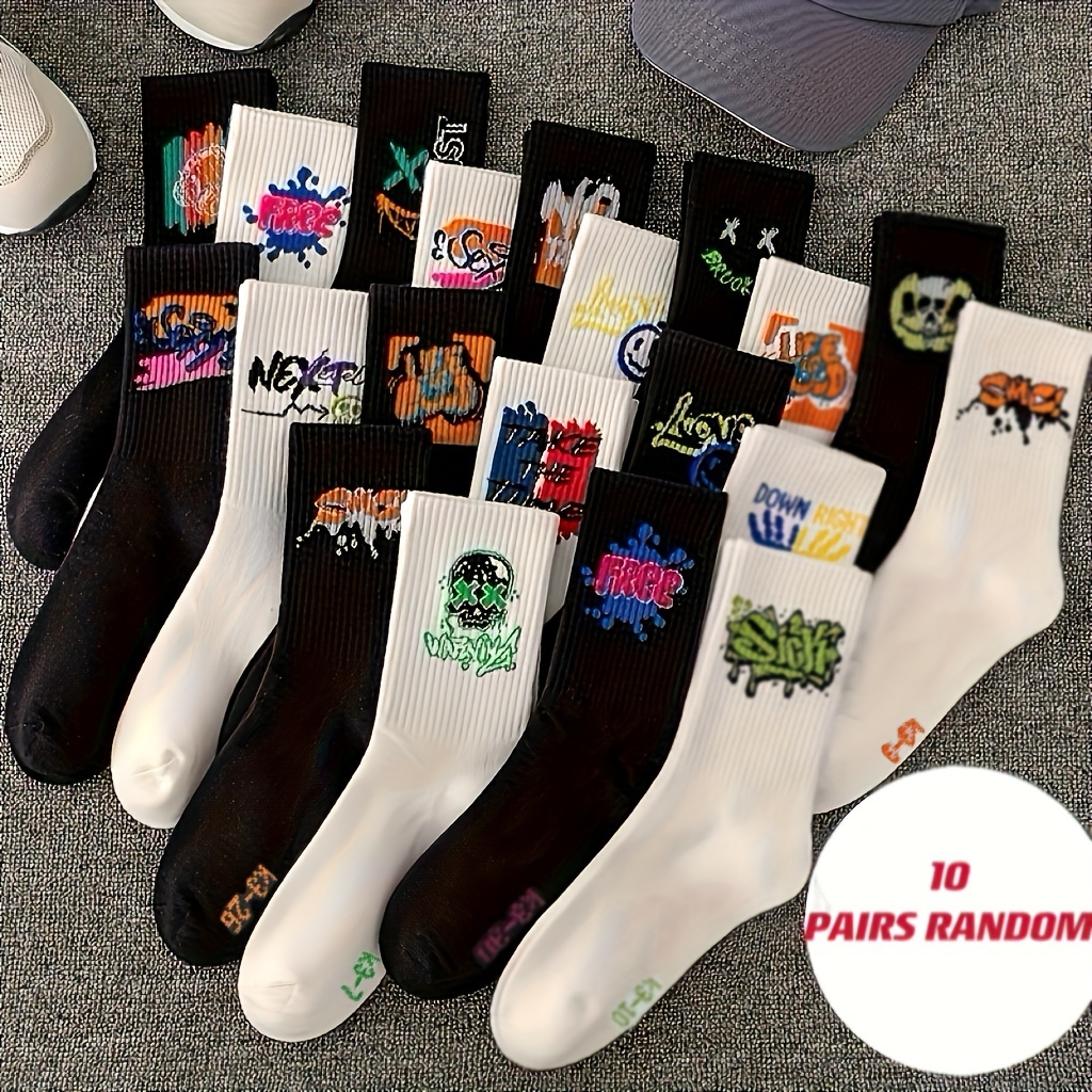 

10 paires de chaussettes décontractées avec des lettres graffiti, chaussettes mi-hautes confortables et respirantes, bas et bonneterie pour femmes