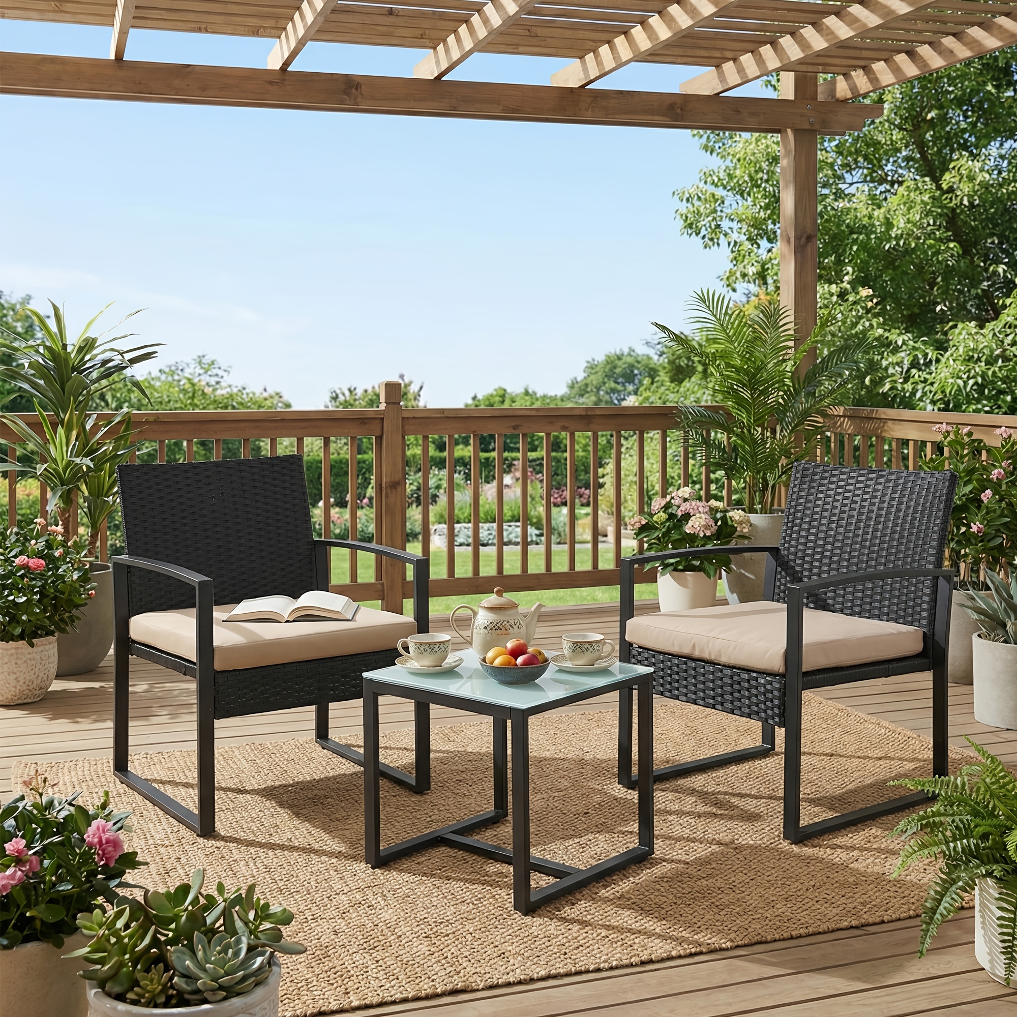 Outdoor Seating Set With 3pcs, Rattan Bistro Furniture, Ideal For Balcony Or Porch, Includes 2 Chairs And A Table
