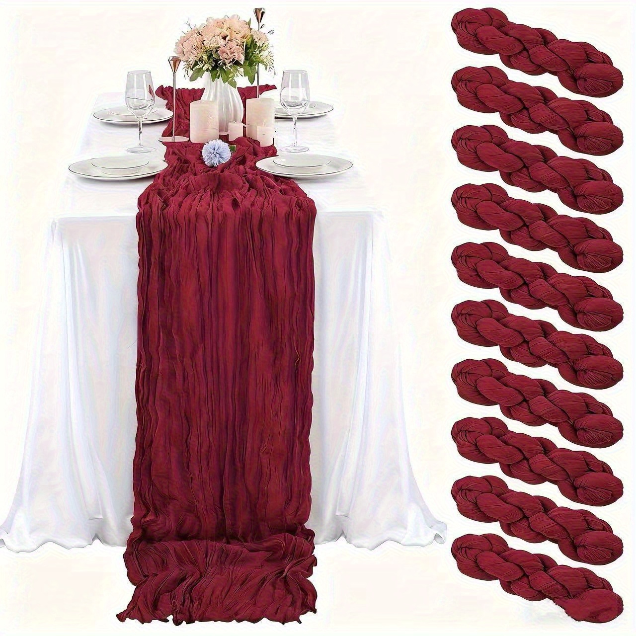 10pcs, Burgundy Gauze Table Runners, Rustic Crinkle Sheer Organza For Wedding Party Dining Table Decor, Farmhouse, Festive, Polyester Table Runner, Holiday Gift