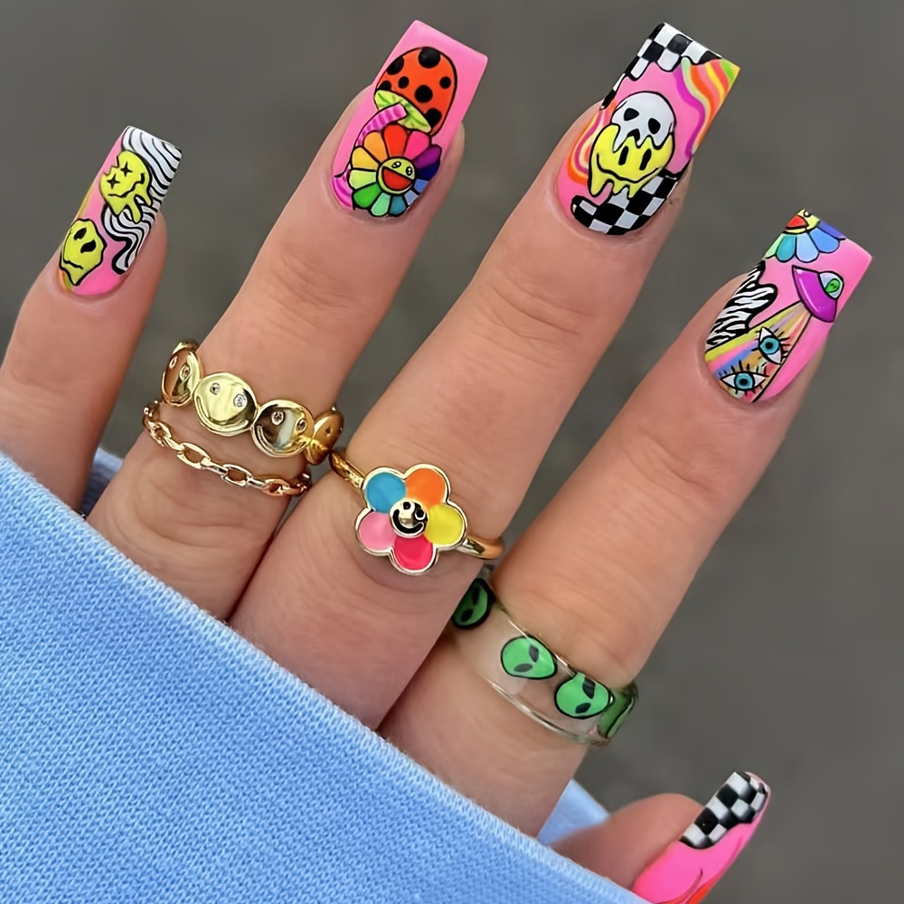 

24pcs Chic & Quirky Matte Press-on Nails Set - Long Square, Floral & With Accents For Women And Girls