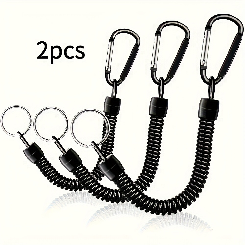 Image of 2pcs Black Elastic Spiral Keychain Set With Ring - Retractable Outdoor Carabiner, 15 Lb Test Strength, Built-in Iron Wire, Ideal For Camping And Hiking, Easy To Carry, To Better Assistance