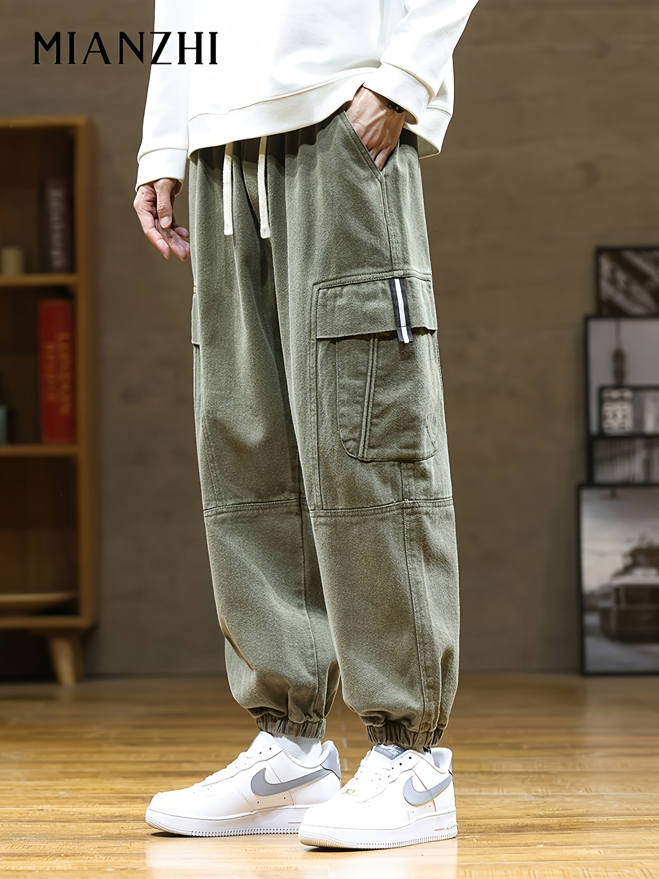   Men S Olive Green Cargo Pants -  -  Drawstring Waist, Wide-Leg Design with Multiple Pockets, Casual Outdoor Streetwear for Fall & Spring, Comfortable Fabric, Casual Streetwear | Cargo Style Pants | Functional Pockets