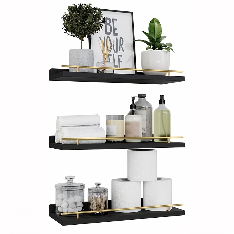 3 st rustika flytande trähyllor set med gyllene metallstång - Temu Sweden