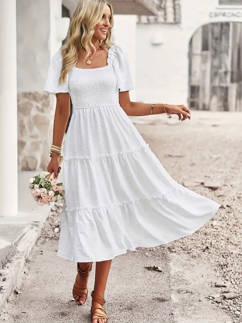 Casual White Dress Outfit Breezaya Women's Round Neck Shirred Dress Maxi Women Outfit SHEIN EUR Casual White Dress Outfit Breezaya Women's Round Neck Shirred Dress Maxi Women Outfit SHEIN EUR