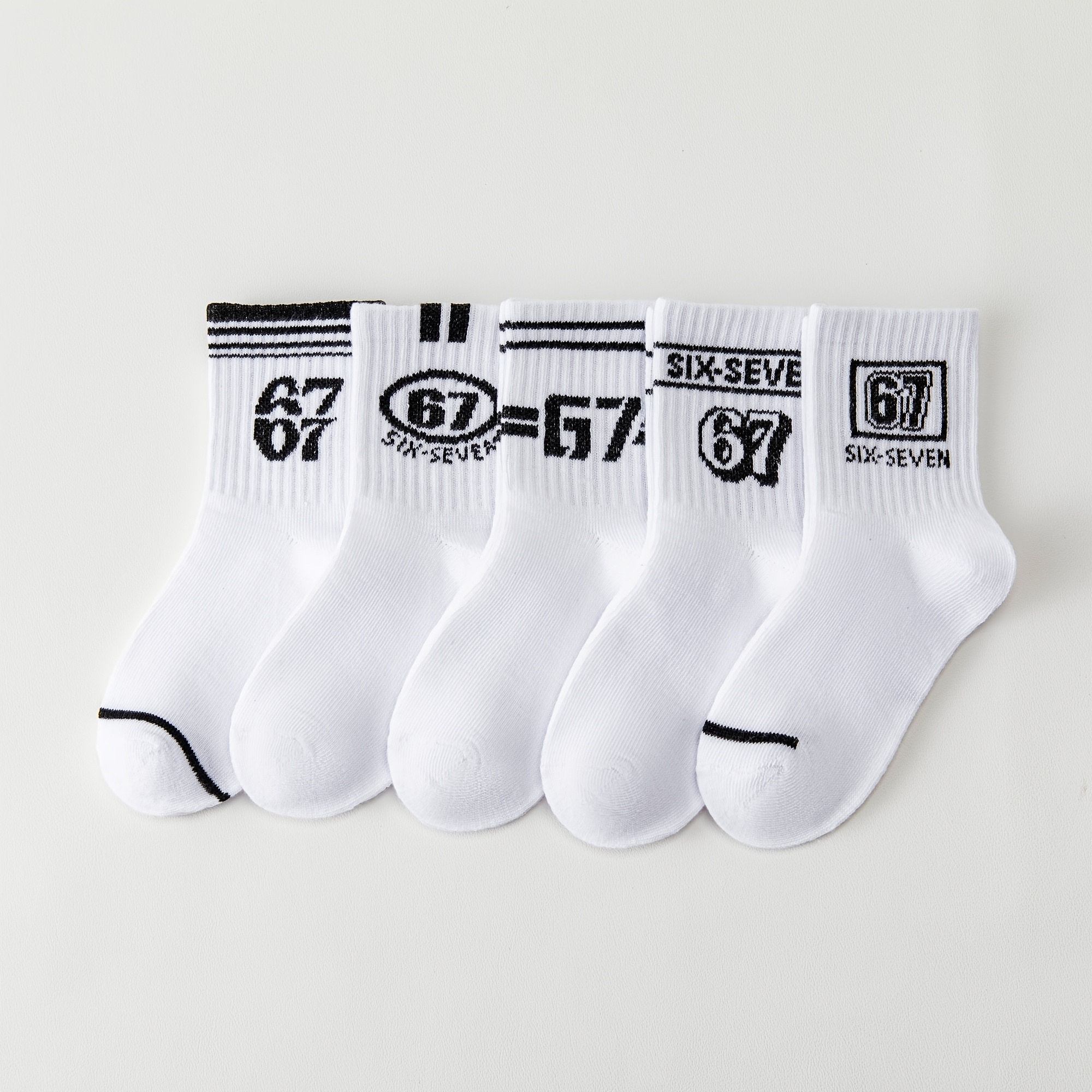 Image of 5 Pairs Of Boys' Socks, Girls' Trendy Sports Socks With 67 Patterns, White Sports Style, Breathable Boys' Socks For Daily Wear, Breathable Soft Gifts, Fall And Winter Clothes