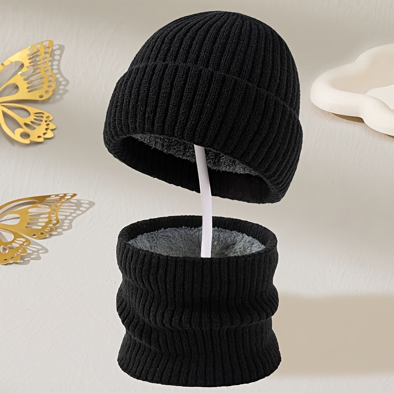 TEMU Solid Color Striped Hat And Neck Warmer 2pcs Set, Thickened Warm -lined Hat For Men And Women, Outdoor Sports Cycling Ear Protection Cold-proof
