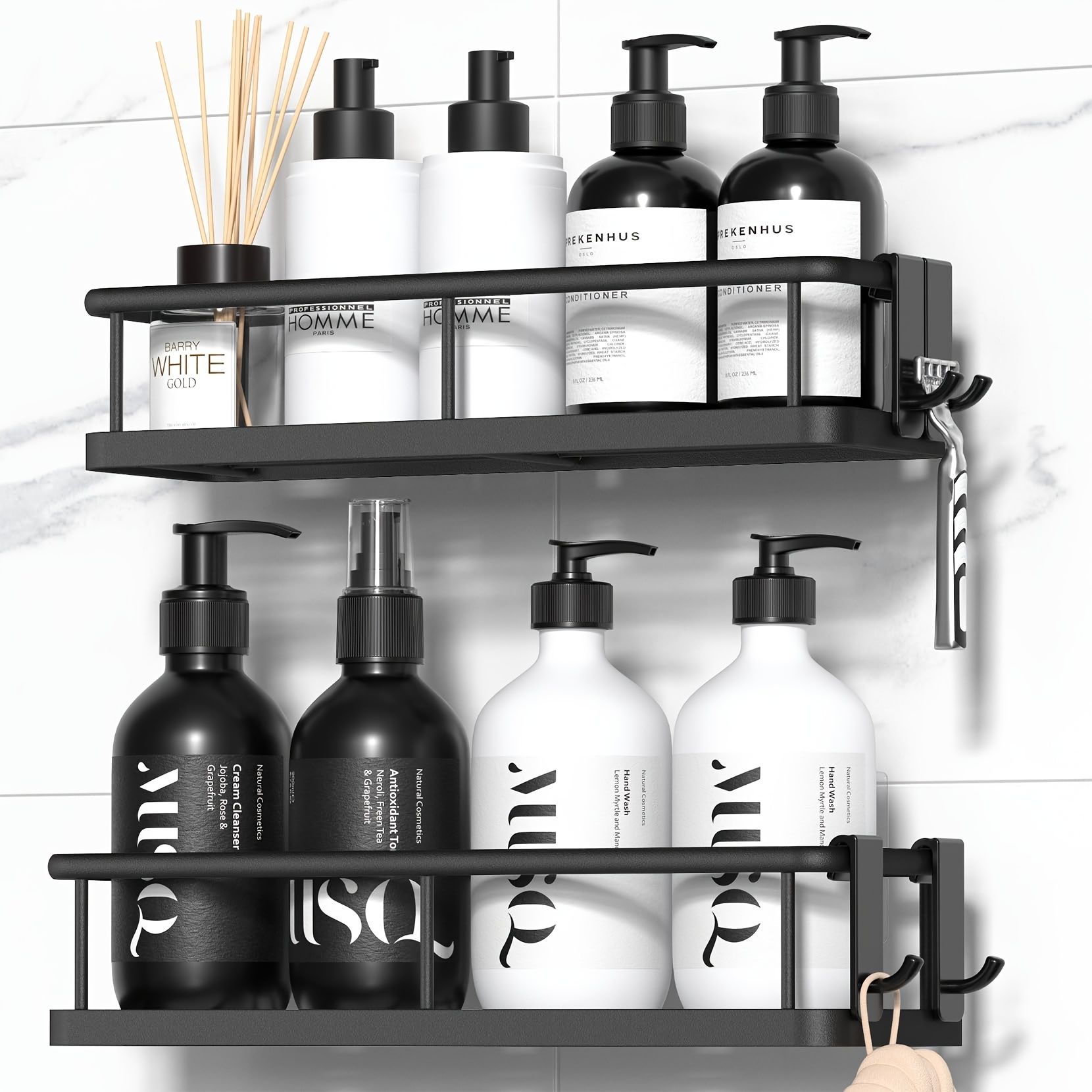 Image of Shower Caddy, 5 Pack Large Capacity Shower Organizer With Soap Holder And 12 Hooks, Rustproof Shower Shelves For Inside Shower, No Drilling&sleek Bathroom Organizers And Storage